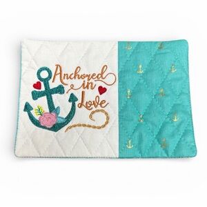 Hand Crafted Mug Rug Coaster Embroidered Cotton Fabric Padded Anchored in Love